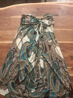 Strapless Paisley Print Dress- Teal & Brown